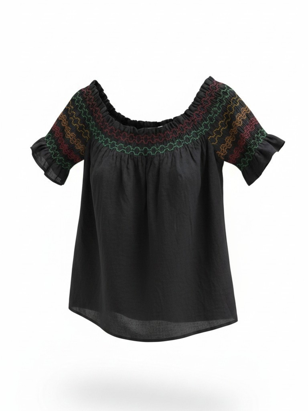 Trina Turk Navy Off-Shoulder Embroidered Peasant Top Size L